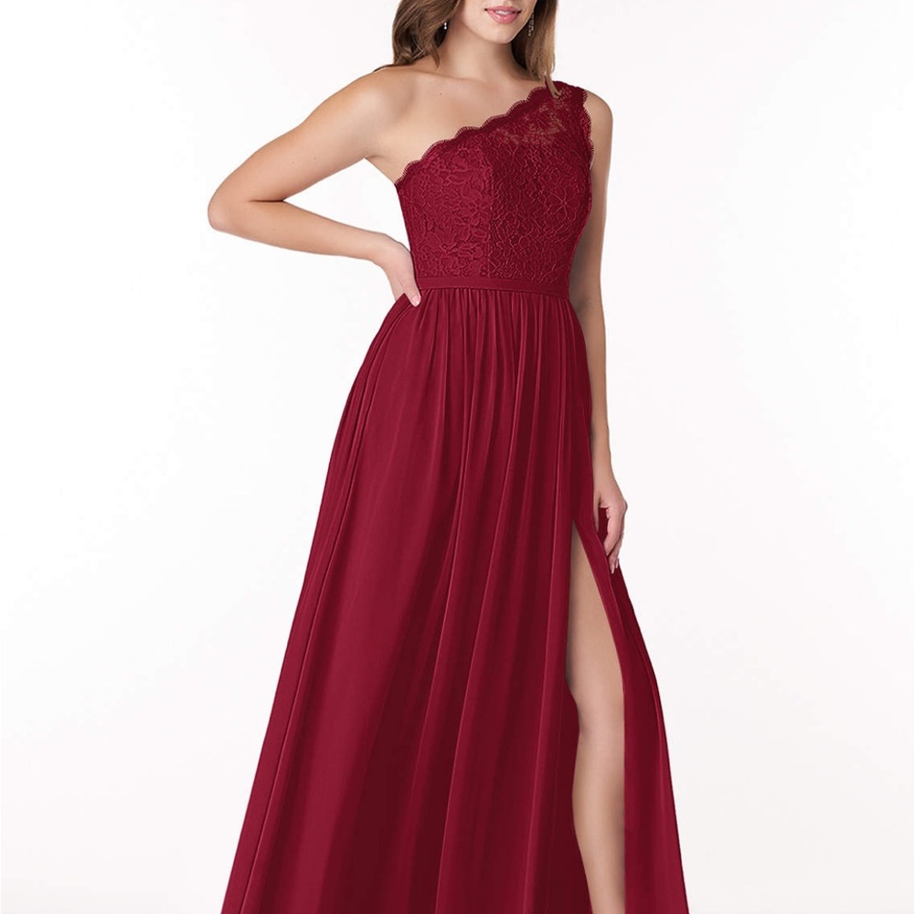 Azazie Demi Burgundy A-Line One Shoulder Chiffon Dress - Picture 4 of 9